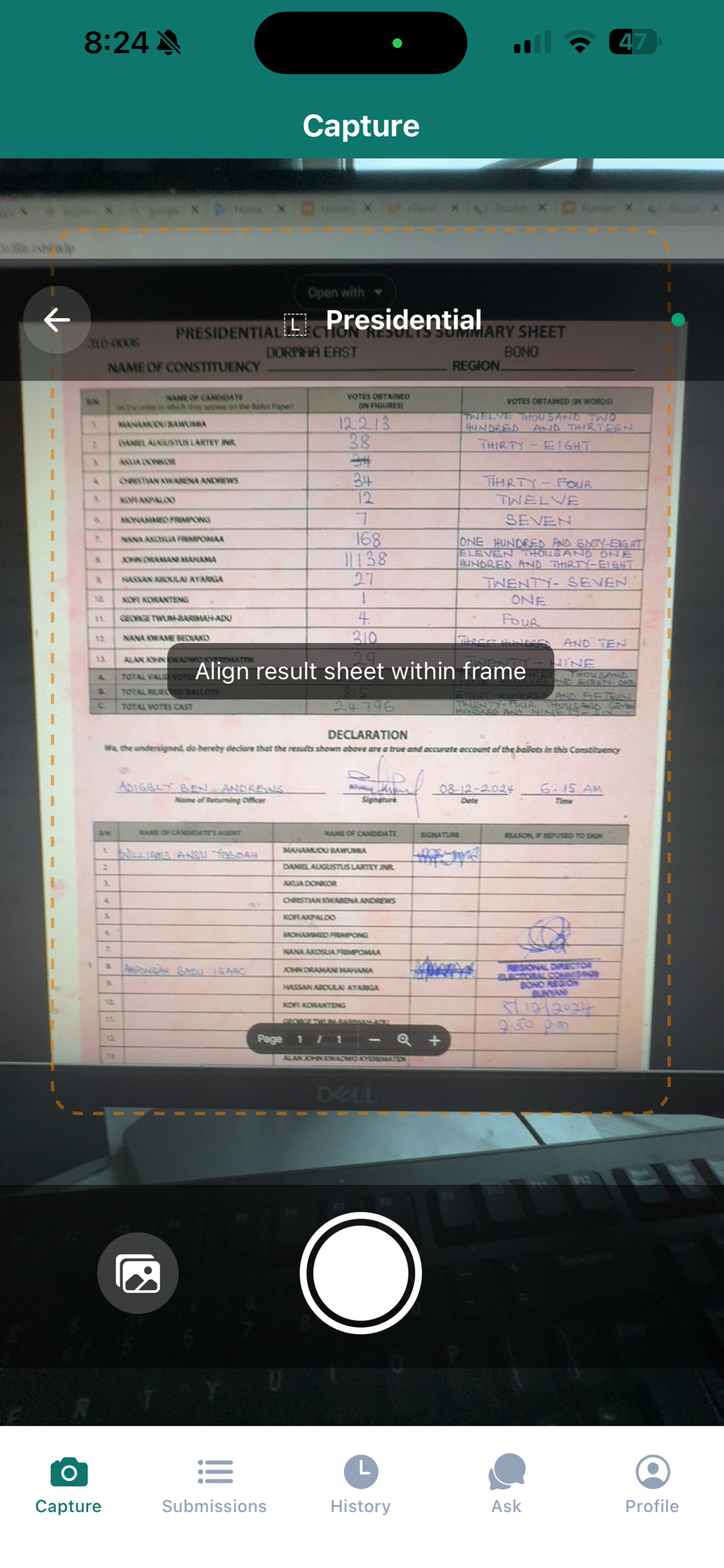 Camera capture mode - photographing a presidential election results pink sheet