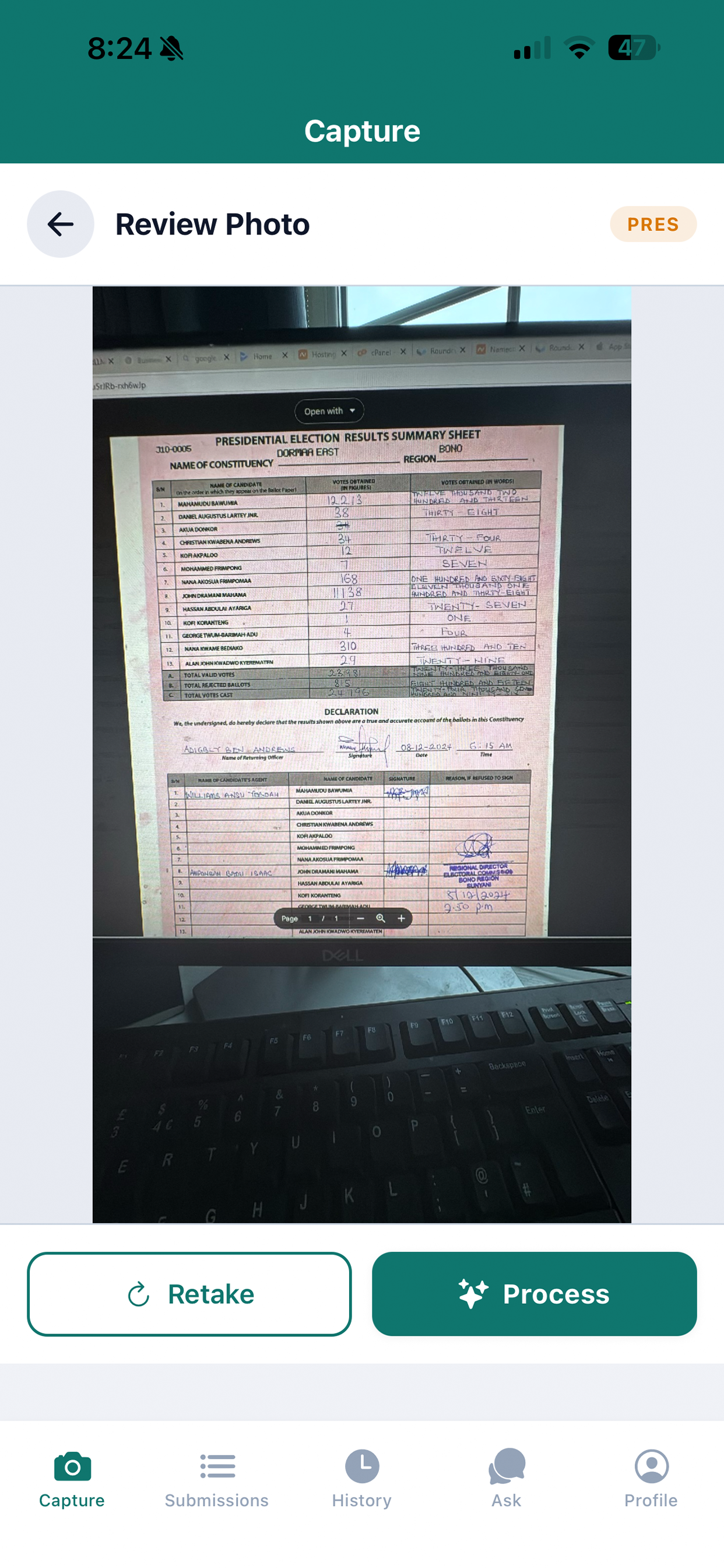 Review captured photo of election results before AI processing