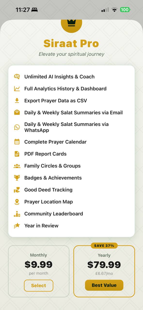Siraat Pro features including badges, groups, and CSV export